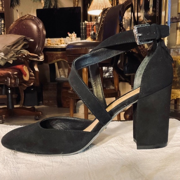 NEW Ralph Lauren - Fana Black Criss Cross Strap Suede Block Heels Size 8.5 B - Picture 2 of 10